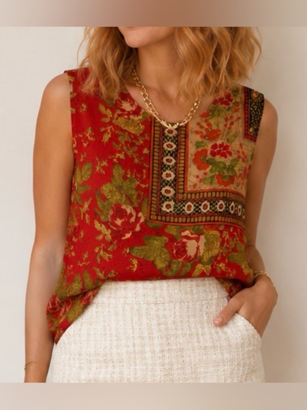 DANA BUCHMAN Red Floral Vintage Silk Tank Blouse Size S